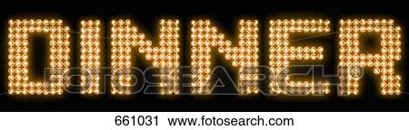 Stock Image - The word dinner in illuminated light bulbs. Fotosearch