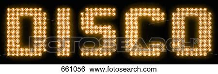 Stock Photograph - The word disco in illuminated light bulbs. Fotosearch