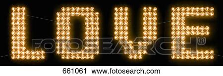 Stock Image - The word love in illuminated light bulbs. Fotosearch