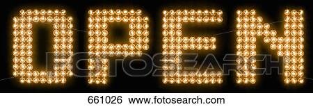 The word open in illuminated light bulbs View Large Photo Image Stock Photograph - The word open in illuminated light bulbs. Fotosearch