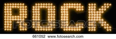 Stock Image - The word rock in illuminated light bulbs. Fotosearch
