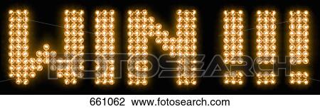 Stock Image - The word win with three exclamation points in illuminated light bulbs. Fotosearch