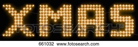 Stock Image - The word Xmas in illuminated light bulbs. Fotosearch