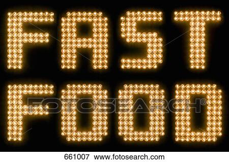 Stock Photo - The words fast food in illuminated light bulbs. Fotosearch