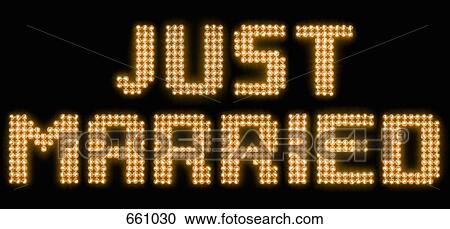 Stock Image - The words just married in illuminated light bulbs. Fotosearch