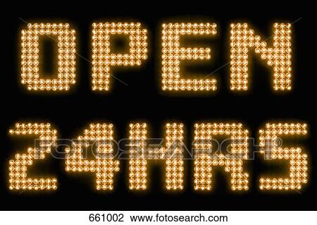 The words open 24hrs in illuminated light bulbs View Large Photo Image Stock Image - The words open 24hrs in illuminated light bulbs. Fotosearch