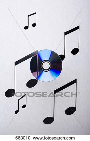Stock Image - Musical notes and a CD suspended in mid-air. Fotosearch