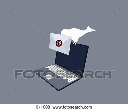Stock Illustration - A bird carrying an envelope and sitting on top of a laptop. Fotosearch