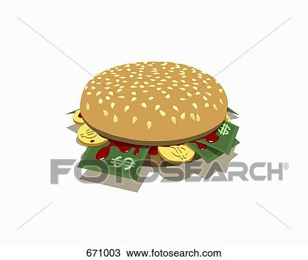 A burger with dollar banknotes and coins inside View Large Illustration Drawing - A burger with dollar banknotes and coins inside. Fotosearch