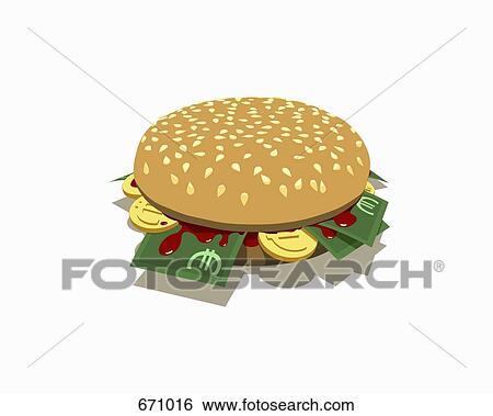 A burger with Euro banknotes and coins inside View Large Illustration Stock Illustration - A burger with Euro banknotes and coins inside. Fotosearch