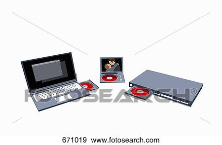 A laptop and DVD players View Large Illustration Stock Illustration - A laptop and DVD players. Fotosearch