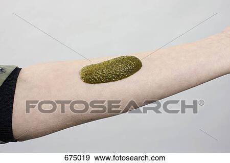 Stock Photo - A human arm with half a pickle on it representing a leech. Fotosearch