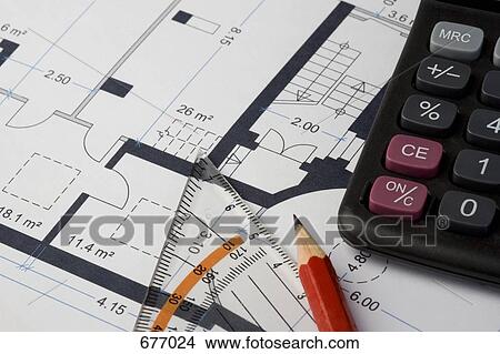 A ruler, pencil and calculator on top of a building plan, close-up View Large Photo Image Picture - A ruler, pencil and calculator on top of a building plan, close-up. Fotosearch