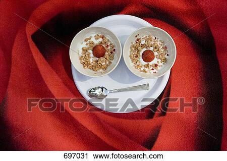 Two bowls of yogurt, granola and strawberries on a blanket with a rose print View Large Photo Image Stock Image - Two bowls of yogurt, granola and strawberries on a blanket with a rose print. Fotosearch