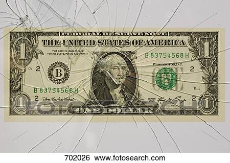 Stock Photograph - A one dollar bill behind smashed glass. Fotosearch