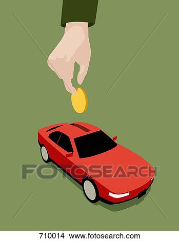 A hand dropping a coin into a car shaped money box View Large Illustration Stock Illustration - A hand dropping a coin into a car shaped money box. Fotosearch