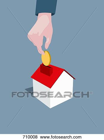Stock Illustration - A hand dropping a coin into a house shaped money box. Fotosearch