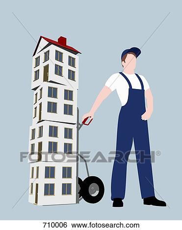 Stock Illustration - A removal man with houses stacked on a sack barrow. Fotosearch