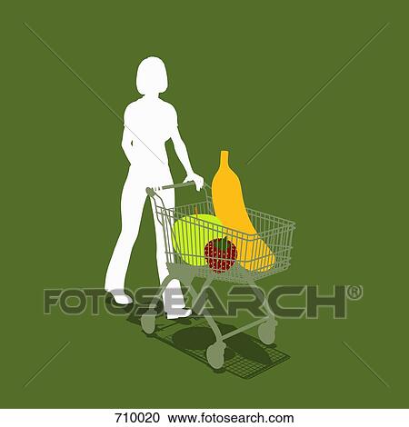 Clipart - A woman pushing a shopping trolley with fruit. Fotosearch