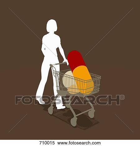 Stock Illustration - A woman pushing a shopping trolley with pills. Fotosearch