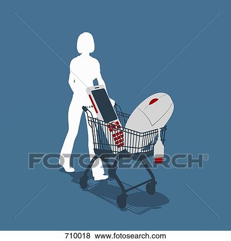 A woman pushing a shopping trolley with electronic equipment View Large Illustration Stock Illustration - A woman pushing a shopping trolley with electronic equipment. Fotosearch