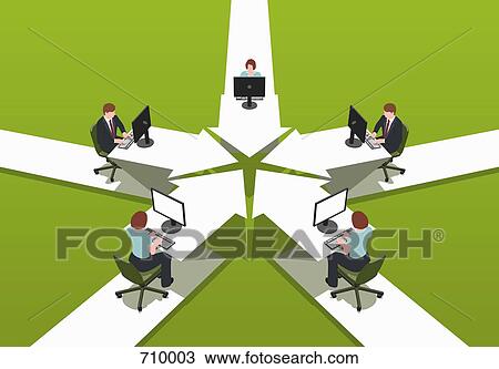 Drawing - Office workers sitting at desks. Fotosearch