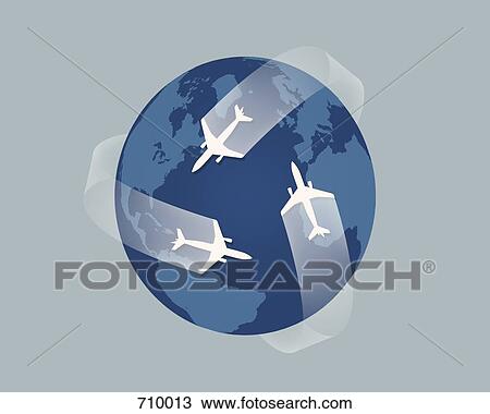 Drawing - Planes flying across the globe. Fotosearch