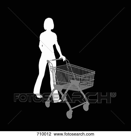 Silhouette of a woman pushing a shopping trolley View Large Illustration Drawing - Silhouette of a woman pushing a shopping trolley. Fotosearch