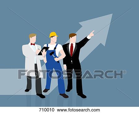 Three men standing in a row with an arrow sign View Large Illustration Clipart - Three men standing in a row with an arrow sign. Fotosearch