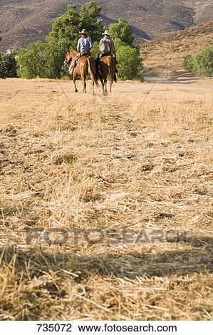 Two cowboys riding horses in a field View Large Photo Image Stock Image - Two cowboys riding horses in a field. Fotosearch