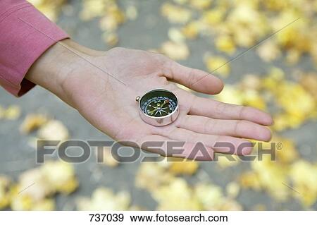 Stock Photo - A human hand holding a compass. Fotosearch