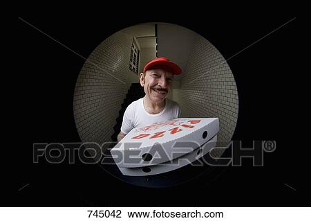 A pizza delivery man, viewed through peephole View Large Photo Image Stock Image - A pizza delivery man, viewed through peephole. Fotosearch