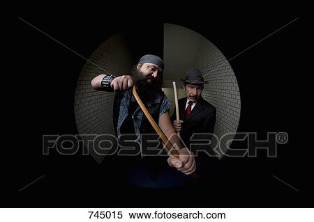 Stock Photography - An organized crime boss and his bodyguard, viewed through a peephole. Fotosearch
