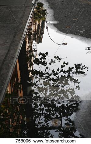 Street scene reflected in a puddle View Large Photo Image Stock Photograph - Street scene reflected in a puddle. Fotosearch