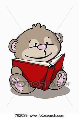 Stock Illustration - A cartoon bear reading a book. Fotosearch