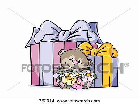 A cartoon bear sitting in front of presents View Large Illustration Stock Illustration - A cartoon bear sitting in front of presents. Fotosearch