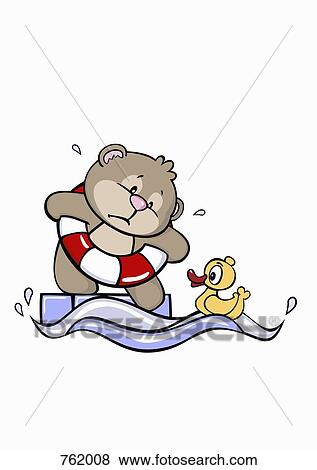 Stock Illustration - A cartoon bear standing at the edge of a swimming pool frightened. Fotosearch