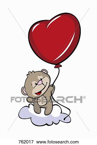 A cartoon bear standing on a cloud and holding a balloon heart View Large Illustration Stock Illustration - A cartoon bear standing on a cloud and holding a balloon heart. Fotosearch