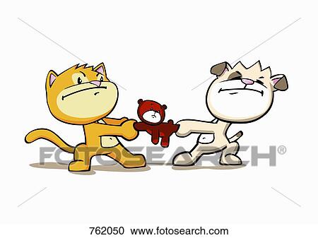A cartoon cat and dog fighting over a teddy bear View Large Illustration Clipart - A cartoon cat and dog fighting over a teddy bear. Fotosearch
