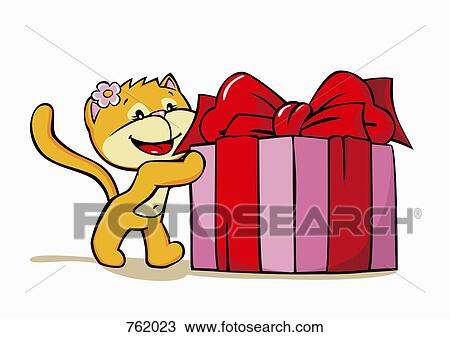 Drawing - A cartoon cat holding a present. Fotosearch