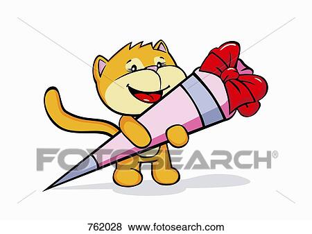 Stock Illustration - A cartoon cat holding candy on it's first day on school. Fotosearch