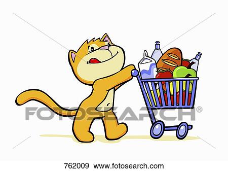 Stock Illustration - A cartoon cat pushing a shopping trolley. Fotosearch