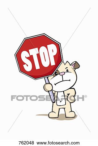 Stock Illustration - A cartoon dog holding a traffic stop sign. Fotosearch