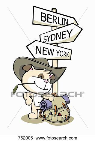 Stock Illustration - A cartoon dog standing next to a sign post pointing to various capital cities. Fotosearch