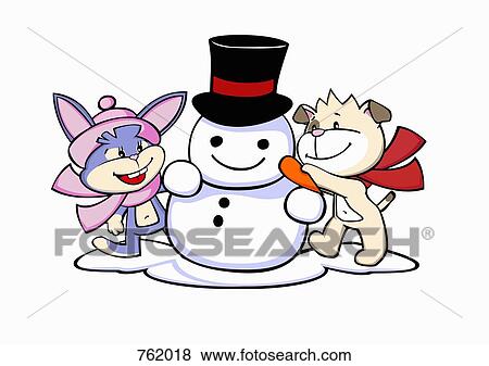 A cartoon rabbit and dog building a snowman View Large Illustration Stock Illustration - A cartoon rabbit and dog building a snowman. Fotosearch