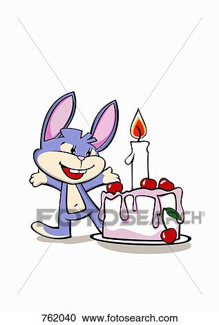 A cartoon rabbit next to a birthday cake View Large Illustration Clipart - A cartoon rabbit next to a birthday cake. Fotosearch