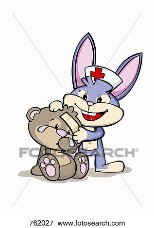 Stock Illustration - A cartoon rabbit nurse assisting an injured bear. Fotosearch