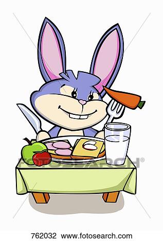 Drawing - A cartoon rabbit sitting at a table and eating. Fotosearch