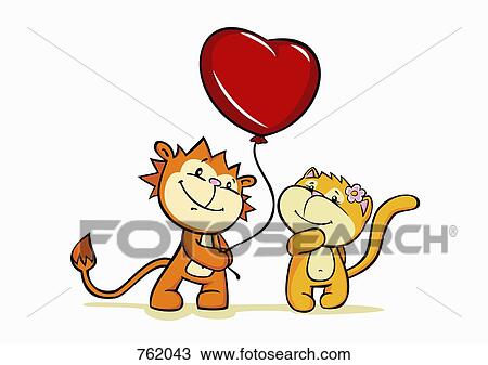 A cartoon tiger giving a heart shaped balloon to a cat View Large Illustration Drawing - A cartoon tiger giving a heart shaped balloon to a cat. Fotosearch