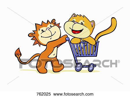 A cartoon tiger pushing a cat in a trolley View Large Illustration Stock Illustration - A cartoon tiger pushing a cat in a trolley. Fotosearch